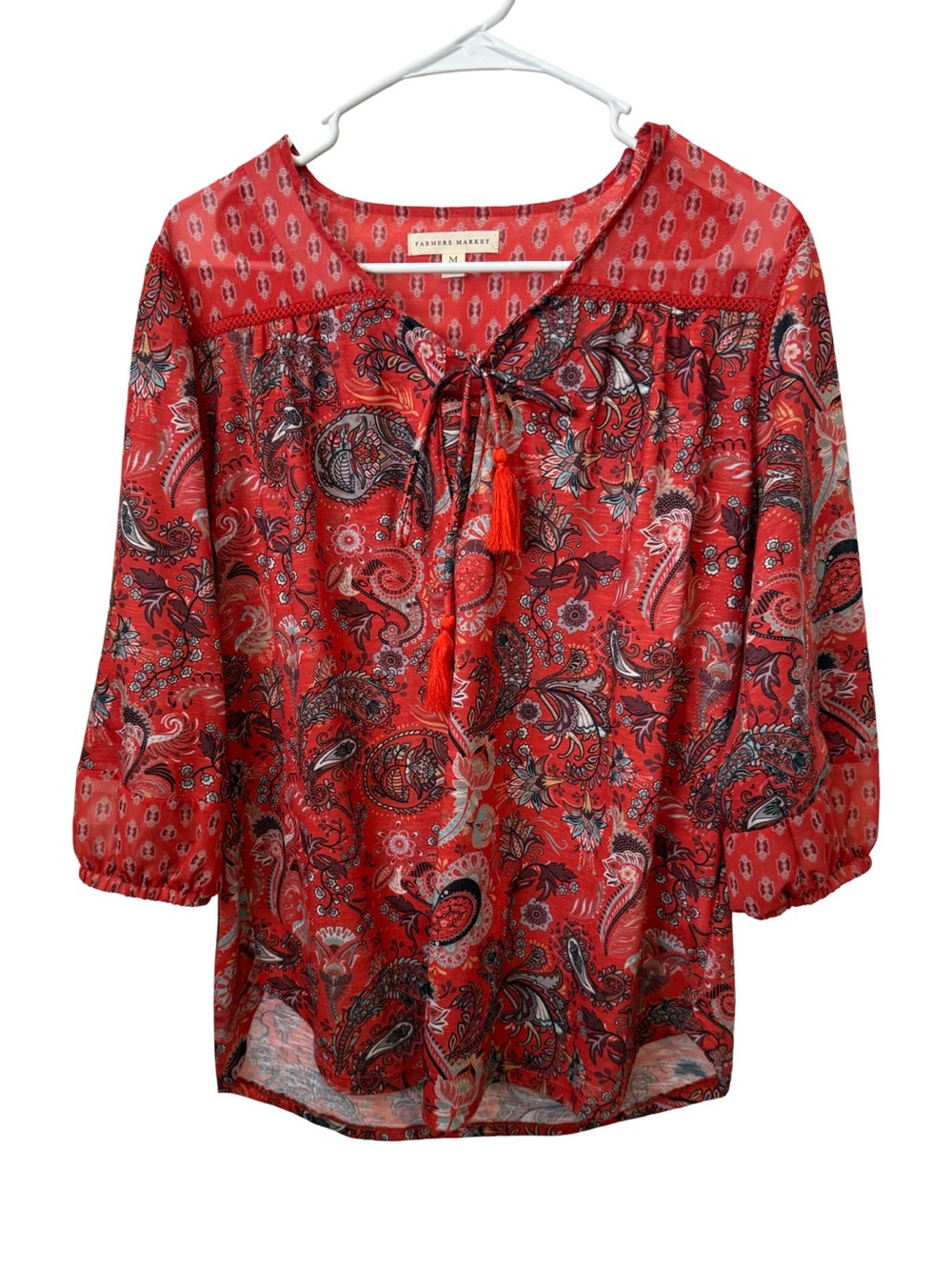 Boho Indie Hippie Women’s lightweight Floral Top Tassel tie 3/4 sleeve Size M